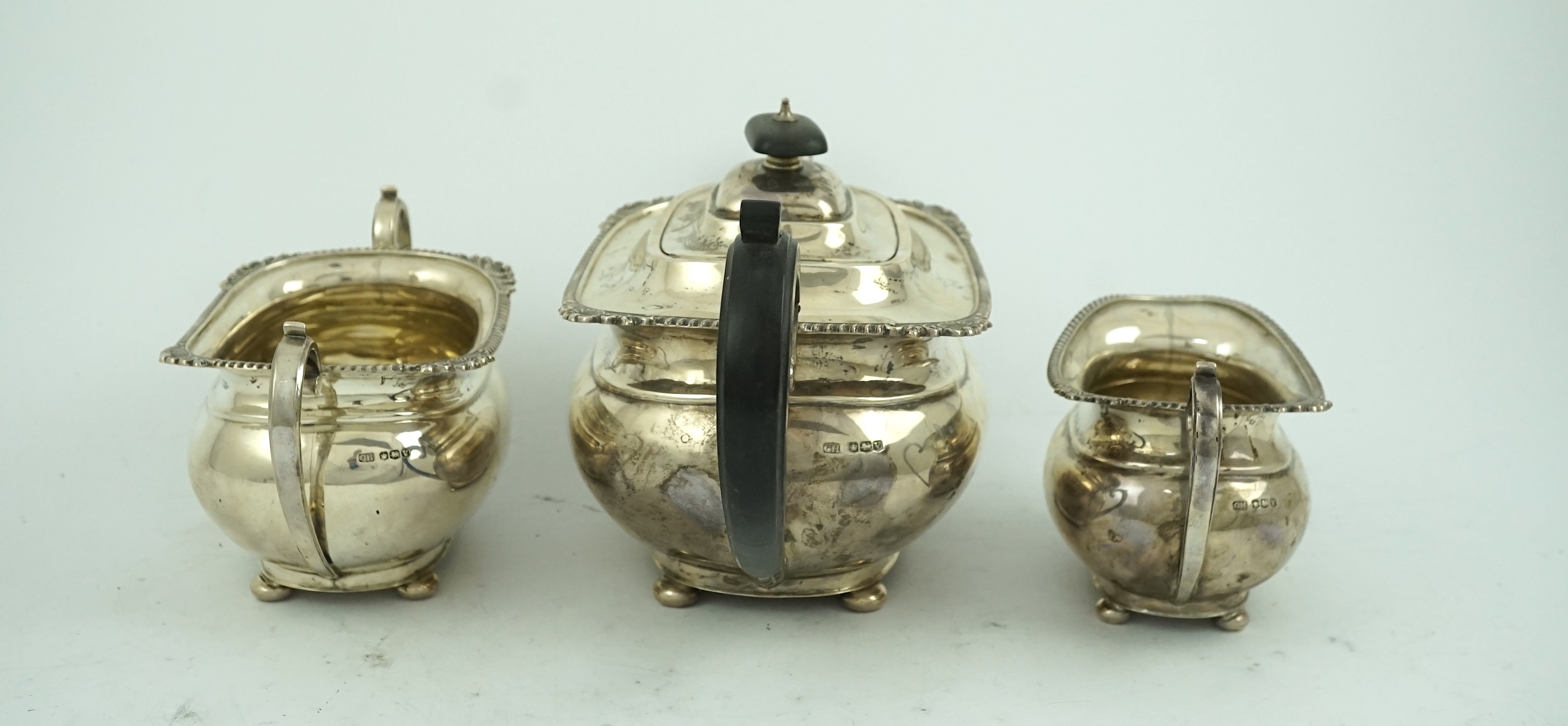 A George VI silver three piece tea set, by George Howson